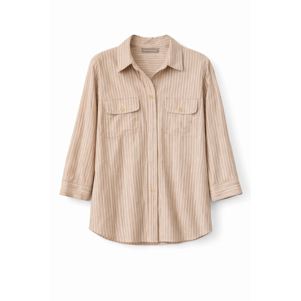 Tan Striped Button Up Blouse Womens XL Rayon Blend 3/4 Sleeve Relaxed Workwear